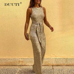 Kvinnors jumpsuits Rompers Elegant Backless paljetter Jumpsuit Women Fashion Wide Leg Party Gold Sexy Belt PlaySuit For Ladies Club D30