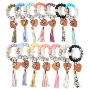 14 Colors Valentines Mothers day love wood chip silicone bead bracelet keychain Party Favor Wristlet key chain Tassels handchain keyrings FY3524