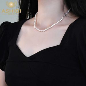 Pendant Necklaces ASHIQI Real 925 Sterling Silver Natural 3-4mm Baroque Pearl Choker Necklace Jewelry for Women G230202