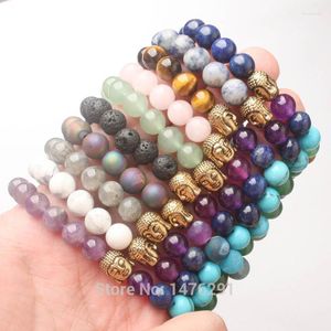 Strand Wholesale 8X8MM Volcano Lapis Amethysts Quartz Labradorite Aventurine Round Beads Golden Buddha Stretchy Bracelet Bangle 7"L