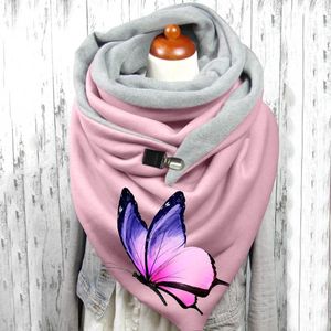 Halsdukar knapp mjuk wrap varm sjal kvinnor estetisk fjäril tryck bomull vinter upp halsduk foulard bufand sjal