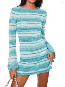 Casual Dresses BEAFNKSG Women Striped Knitted Dress Long Sleeve Backless Bodycon Crochet Knit Ribbed Wrapped Mini Streetwear