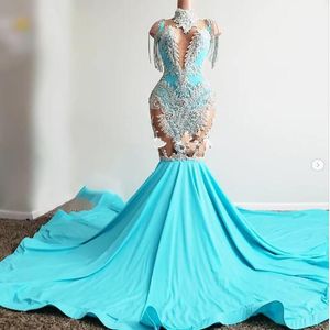 2023 Prom Dresses Turquoise Sexy Mermaid Illusion Sparkly Silver Lace Appliques Sleeveless Formal Party Dress Plus Size Evening Go254b