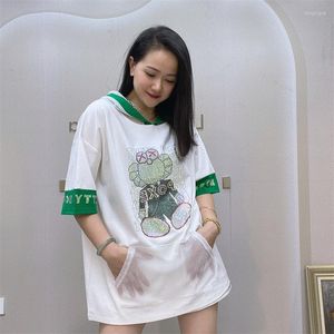 Women's T Shirts Colorblock Sleeve Pattern Glitter Tshirts Large Summer Thin T-shirts Women Loose Hooded White Tops Black Clothes