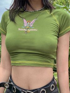 Women's T-Shirt Butterfly Graphic and Letter Printing Stitch Green Crop Tops O-neck Short Sleeve T-shirts clothes shirt vintage bf clothing tee 0201
