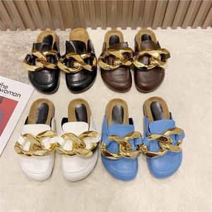 Designer Slippers Leather Mules Metal Chain Sandals Luxury Rubber Sandals Fashion Ladies Flip Flops Beach Outdoor Shoes Classic Slippers