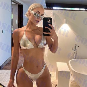 Glänsande silverbikini för kvinnor mode kvinnor badkläder set hög midja baddräkt sommar baddräkt