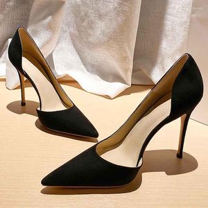 Dress Shoes Pointed Toe Black Side Space High Heels Shallow Solid Color Pumps Faux Suede Sexy Stiletto Professional Zapatos Mujer