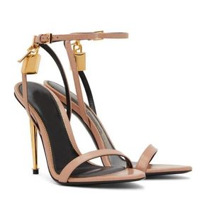 2024 Famous Brand Tomfords Padlock Sandals Shoes Women Key & Lock Gold Silver Tone Hardware Pointy Naked Lady Party Wedding Gladiator Sandalias EU35-43