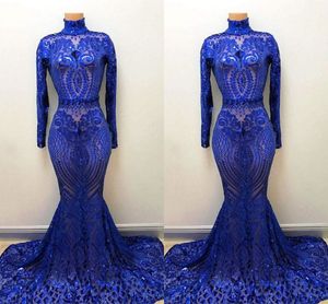 Stunning Royal Blue Mermaid Prom Dresses Vintage High Neck Long Sleeve Lace Sequins Sheer Illusion Bodice Girls Formal Evening Party Graduation Gowns BC15009