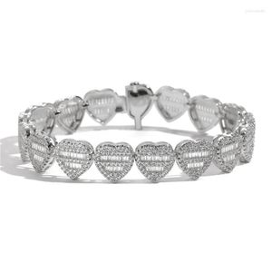 Link Bracelets Baguette CZ Heart 12mm Full Iced Out Bling Cubic Zirconia Charm Bracelet For Women Hip Hop Jewelry