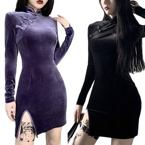 Casual klänningar kvinnor vintage cheongsam bodycon klänning goth mörk fast färg mandarin krage lång ärm split kort mantel fest klubb y2k