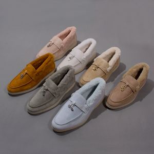 Suede Leather Womens Winter Fur Shoes Luxury Designer Vintage Plush Soft Sole One Foot Loafers Warm Shoe Men