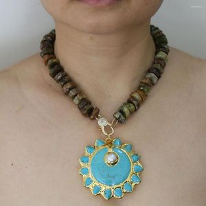 Pendant Necklaces GuaiGuai Jewelry Real Gems Stone Green Garnets Demantoids Slab Nugget Necklace Turquoises Pearl Paved Sun Flower Charms