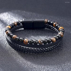 Strand Natural Stone Pärled Black Agat Tiger Eye Quartz Healing Energy Hand Woven Leather Men smycken gåva