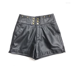 Kvinnors shorts lokomotiv läder kvinnor femme chic mångsidig brons dubbel rad spänne profil hög midja fårskinn smala ben tunn byxa