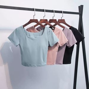 Luluwomen Yoga Clothing Chest Padsの女性のスポーツトップタイトフィットセクシーなへそU字型ヌードランニングTシャツフィットネス短袖