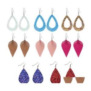 Charm Sequins Teardrop Leather Earrings For Women Shining Surface Mticolors Statement Leaf Oval Dangle Fashion Jewelry Drop Delivery Ot0Te