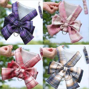 Dog Collars 2023 Pet Cat Clothes Vest Plaid Cute JK Uniform With Harness Leash Chihuahua Bichon Skirt Pets Luxury Dress