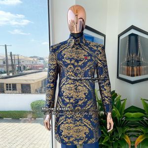 Abiti da uomo Blazer Abiti jacquard blu scuro Giacca slim fit Smoking dello sposo Sud Africa Cappotto lungo Custom Made Smoking Business Outfit Blazer Set Z170 230202