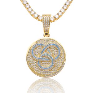 Iced Out Zircon Diamond Round Pendant Necklace Gold Sier Plated With Rope Chain