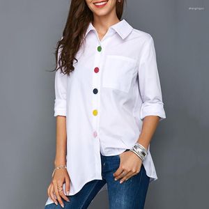 Blouses feminina Autumn Irregular Hem Camisetas longas femininas Botões coloridos brancos Sleeve feminino Camisa 2023 Spring FashionOffice Ladies