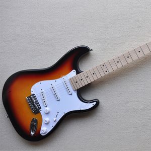 Guitarra eléctrica de 6 cuerdas de tabaco Sunburst con diapasón de arce con incrustaciones de puntos Pastillas SSS personalizables