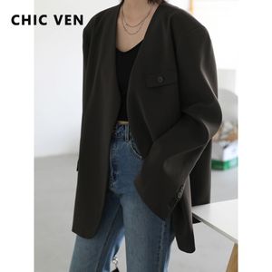 Womens Suits Blazers CHIC VEN Solid Loose Casual Vneck Buttonless Split Long Sleeve Suit Coat Female Office Lady Spring Autumn 230202