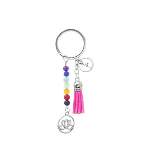 An￩is -chave Lotus Tassel Cades Ring 7 Chakra Reiki Cura Yoga Stone Natural Pedra Pingente de Flores Pingente Acess￳rios para Presente Charm Ke Dhdb2