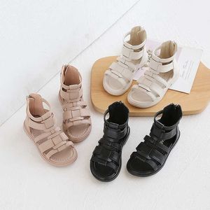 Baby Girls Rome Sandals 2022 Summer Solid Black Princess Soft Back Zip Flat Casual Kids Fashion Open-toe Children Beach Shoes PU 0202