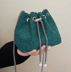 Fashion Green Drawstring Women Corduroy Bucket Bag Ladies Luxury Shoulder S Retro Style Chain Crossbody f￶r 230202