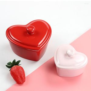 Bowls Creative Heart Shaped Double Skin Milk Bowl med Cover Oven Ceramic Baby Steamed Egg Pink Kitchen Baking Table Seary