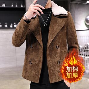 Men's Jackets Brown Woolen Bomber Jacket With Fur White Collar Short Mens Fashionable Coats Double Breasted Stylish Winter Clothes Light