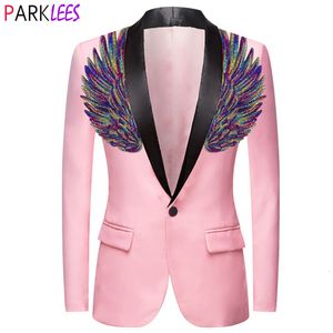 Mäns kostymer blazers mens rosa vinge paljett tuxedo blazer jacka en knapp sjal krage smal passform blazer män bröllop fest prom sångare kostymer 230202