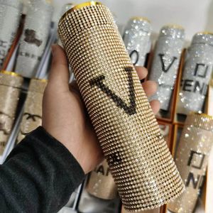 Designer Crystal Coffee Mugs Isolerade tekoppar Rostfritt stål tumlar med Centigrade lock