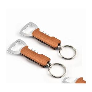 Açıcılar Yaratıcı 3 In 1 Keychain Bira Şişesi Açıcı Paslanmaz Çelik MTifonksiyonel Ahşap Tutar Sidam Tıpkı Şarap Mutfak Alet DH5MD