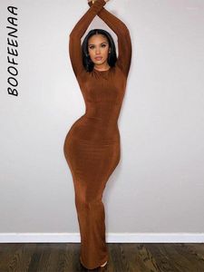 Günlük Elbiseler BOOFEENAA Seksi Moda Kış Maxi Kadın Giyim Katı Nervürlü Örgü Uzun Kollu Body Con Clubwear C70-CG36