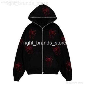 Men's Jackets Men's Jackets Rhinestones Red Spider Print Y2k Women Zip Up Long Seve Oversized Black Hoodie New Gothic Punk Fashion Casual Sweatshirts0 202V23