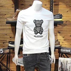 Short-sleeved Men's T-Shirts Bear Print Fashion Youth Round-neck Mercerized Cotton Slim Casual Tees Summer Man Clothing M-6XL