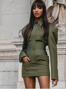 Casual Dresses Women Spring Sexig Turn-Down Collar Long Sleeve Chic Pokets Folds Button Luxury Party Club Mini Bodycon Commute Dress Green