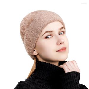 Шапочки шапочки/кепки для черепа женщины Зимние шерстяные шерсти круглое вязаная шляпа сплошной цвет двойной боковой крышка защита ушей теплые дамы мягкие густые