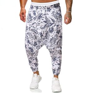 Erkekler Pantolon Erkek Çiçek Baskı Pamuk Keten Yoga Damla Kasık Joggers Swearpants Hip Hop Sokak Giyim Pantolon 230202