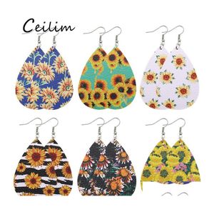 Charm Fashion Women Pu Leather Earrings Sunflower Print Pattern Faux Dangle Earring For Girls Bohemian Daisy Party Jewelry Drop Deliv Othmw