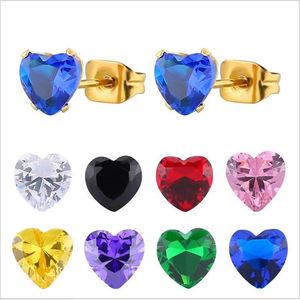 Stud Earrings Pe098 316L Stainless Steel Size 5mm Heart Shape Colorful Zircon 3 Colors Vacuum Plating No Fade Allergy Free