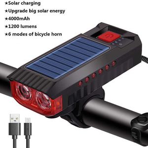 Lampor Ny cykel Solar LED -lampan 4000mAh Batteri 4 lägen USB -laddningsbar vägcykelfront lampa IPX4 Ficklampor med horn 0202