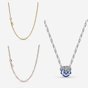 Pendant Necklaces 2022 New Spring Gift Blue Pansy Flower Rolo Link Chain Pendant Necklace Original % 925 Sterling Silver Women Fine Jewelry G230202