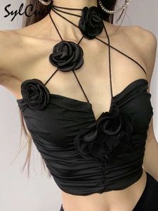 Women's Tanks Camis Sylcue Black Rose Mysterious Sexy Elastic Glamorous Hot Tight Mature Femininity Glamour Party Women's Wrap Chest Crop Top Y2302