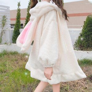 女性用ジャケットジャパンスタイルカワイイかわいいフリース厚い子羊のウールの耳スウェットシャツ女性2023ぬいぐるみ白いフーディージッパーコート