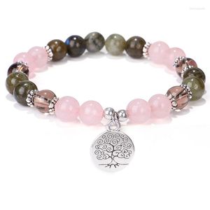 Pulseira de fita rosa cristal rosa miçangas árvore de vida pendente ioga feminino chinês estilo chinês