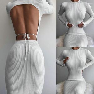 Casual Dresses Ladies Bodycon Dress Sexy Halter Lace White Tight Long Sleeve Elegant Party Office Wrap Buttocks Pencil Skirt